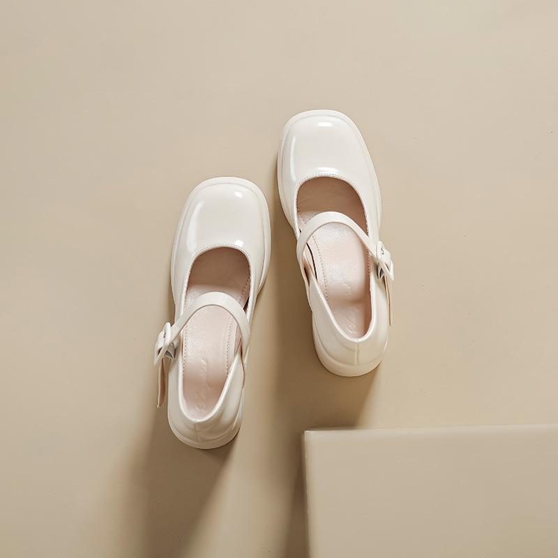 Туфли-лодочки на высоком каблуке кремового цвета, лолита, толстый каблук, круглый носок, мягкая подошва, с ремешком и квадратной пряжкой, для маленькой девочки, для сочетания