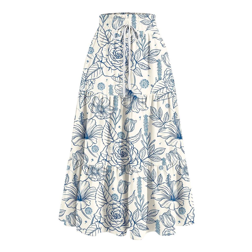 Women's Ruffled Spring Casual Long Skirt Plain Color Skirt Retro Pleated Skirt