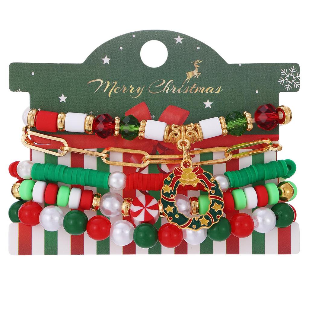 Christmas Polymer Clay Bead Bracelet Set: Santa Claus, Reindeer, and Tree