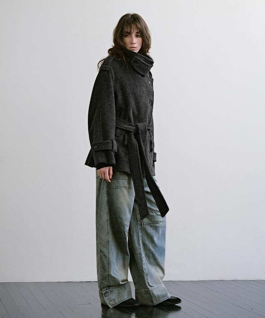 TREEMINGBIRD High-Neck Convertible Belted Half Coat [ Charcoal ]
