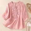 Женская рубашка с V-образным вырезом, элегантная цветочная вышитая блузка с V-образным вырезом для женщин, стильная рубашка свободного кроя с рукавом три четверти в стиле ретро