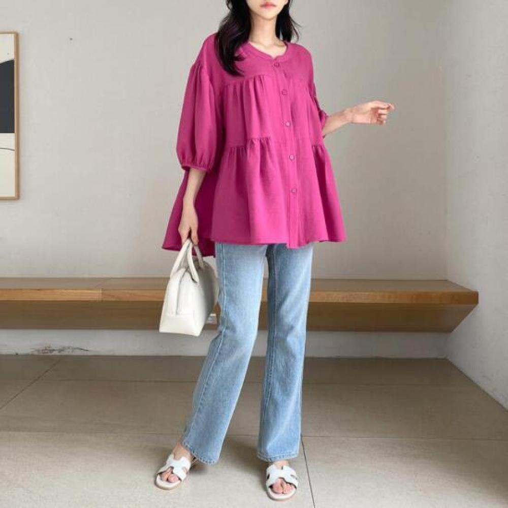 New Arrivals Open Run Frill Tiered Flair Blouse Round Spring Pleat Detail