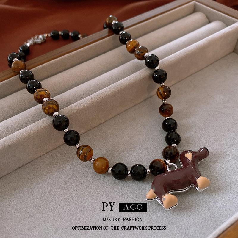 Мультяшный кулон щенок тигровый глаз: Корейская ретро универсальная цепочка-свитер, высококачественная бижутерия для женщин