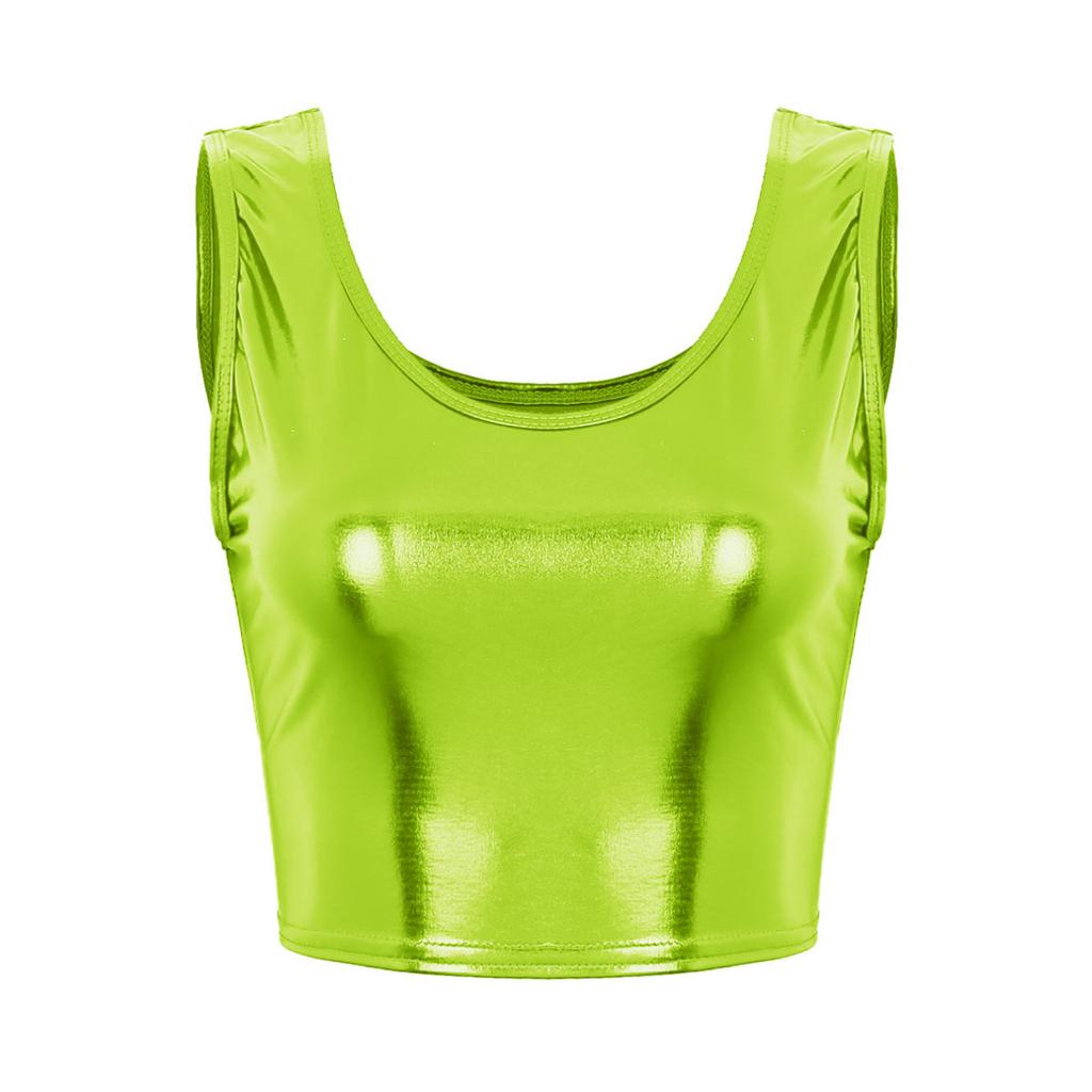 Women's Shiny Metallic Sleeveless Crop Top Rave Party Dance Tee Shirt Blouse Vest Clubwear