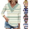 Womens 3/4 Sleeve Daily Weekend V Neck Casual Printed Tshirts Loose Fit Pleated Tees Ladies Blouse