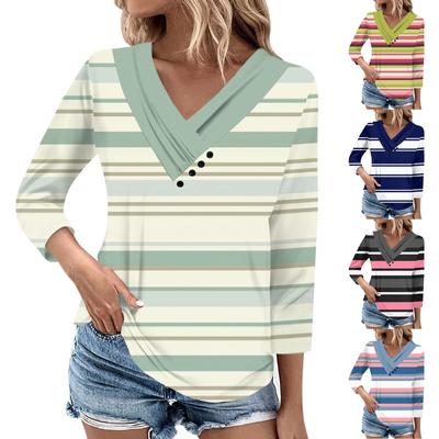 Женские повседневные футболки с рукавом 3/4 для выходных с V-образным вырезом и принтом, свободные плиссированные футболки, женская блузка