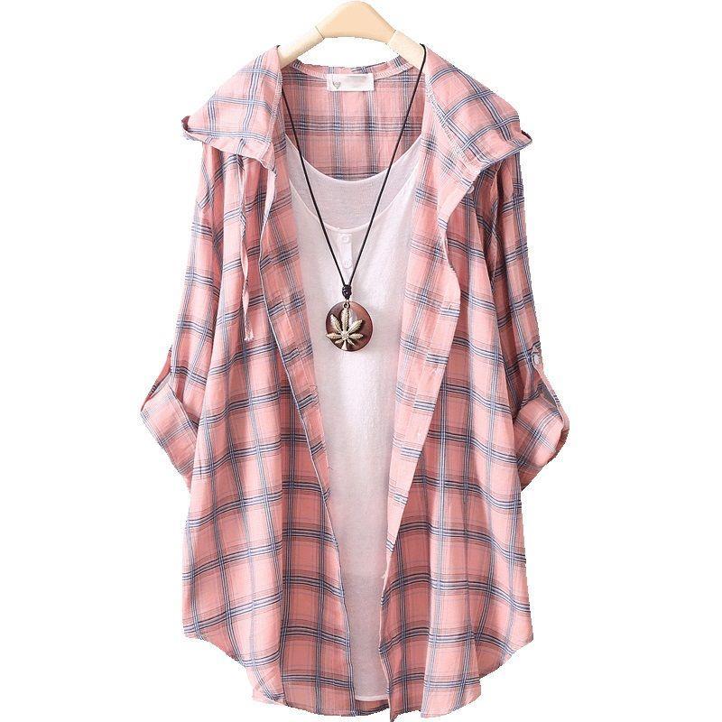 Солнцезащитные рубашки, женские свободные топы в клетку с капюшоном и длинными рукавами, тонкие пальто, кардиганы