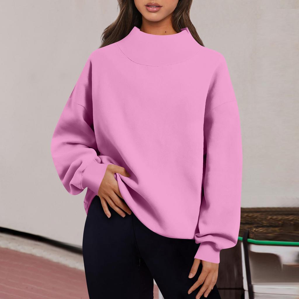 Women's Fashion Solid Color Long Sleeve Loose Slit Half Turtleneck Pullover Sweatshirt Top