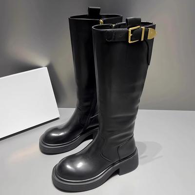 Широкие осенне-зимние новые европейские и американские рыцарские сапоги с металлической пряжкой женские бархатные черные с круглым носком средней высоты на толстом каблуке с боковой молнией