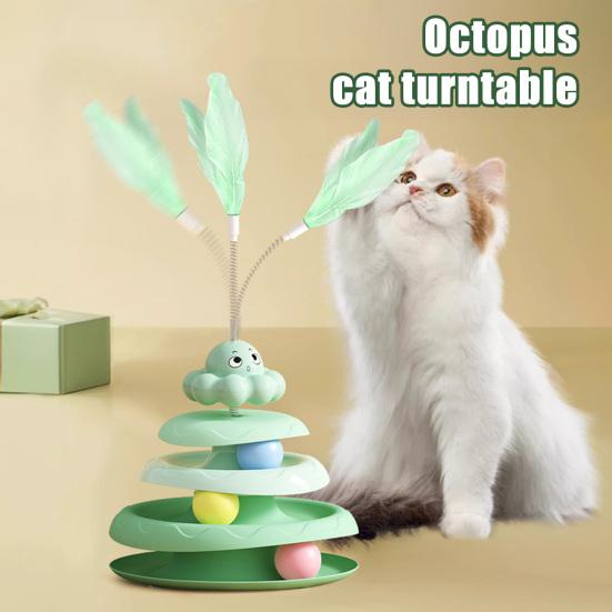 Rotating Cat Toy with 3-Tier Hollow Tracks Colorful Balls Detachable Portable Playground for Cats Interactive Cat Stick Turntable for Boredom Relief