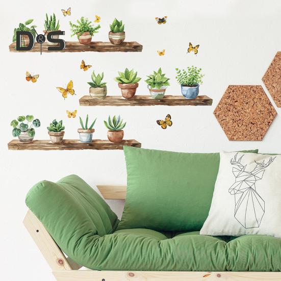 Полка кактуса в горшке, настенная наклейка, съемная водонепроницаемая самоклеящаяся ПВХ, домашний офис, гостиная, детская спальня, зеленое растение, настенное художественное украшение, наклейка