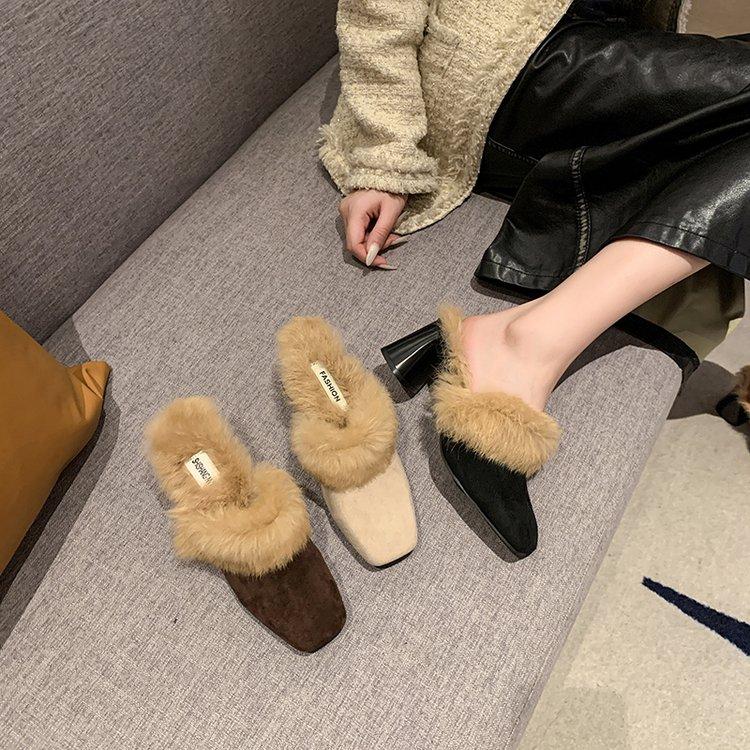 Зимние женские меховые туфли, элегантные модные закрытые туфли на каблуке 5 см, женские сексуальные толстые мягкие теплые тапочки 35-43