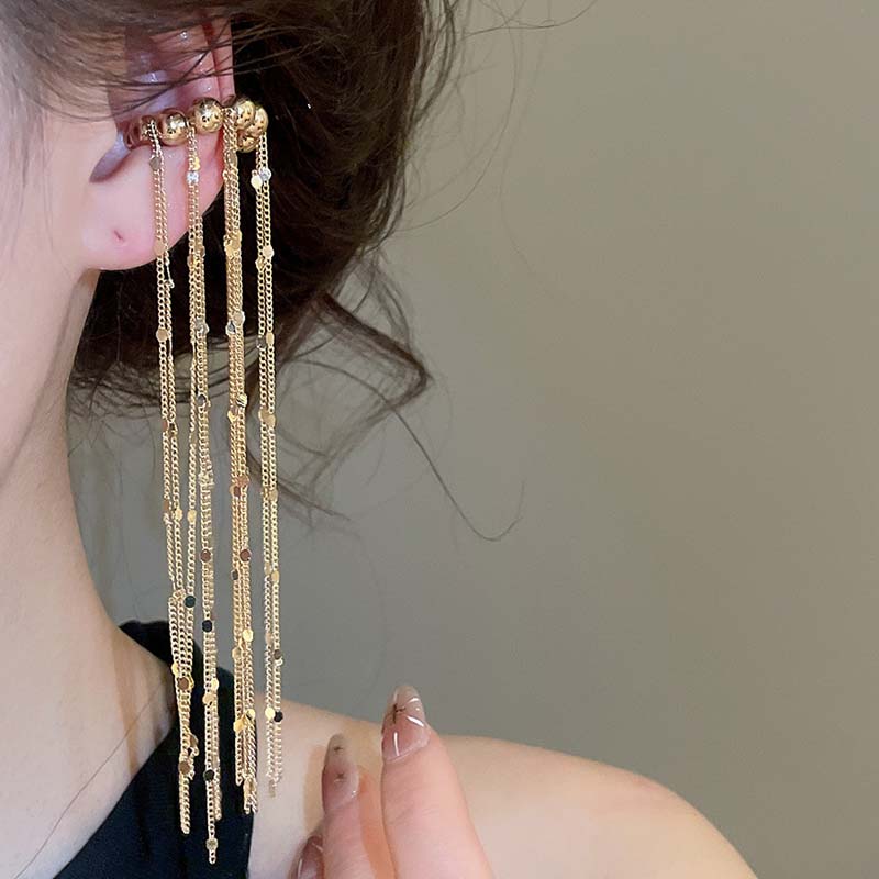 Серьги-клипсы с длинной кисточкой для женщин, модные геометрические, с круглыми бусинами, кафф на ухо, цепочка, имитация пирсинга, серьги, украшения