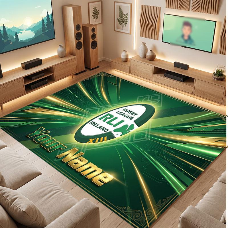 Ireland Rugby Personalized Crystal Velvet Carpet, Customized Name Text Soft Anti‑Slip Rug for Living Room Bedroom