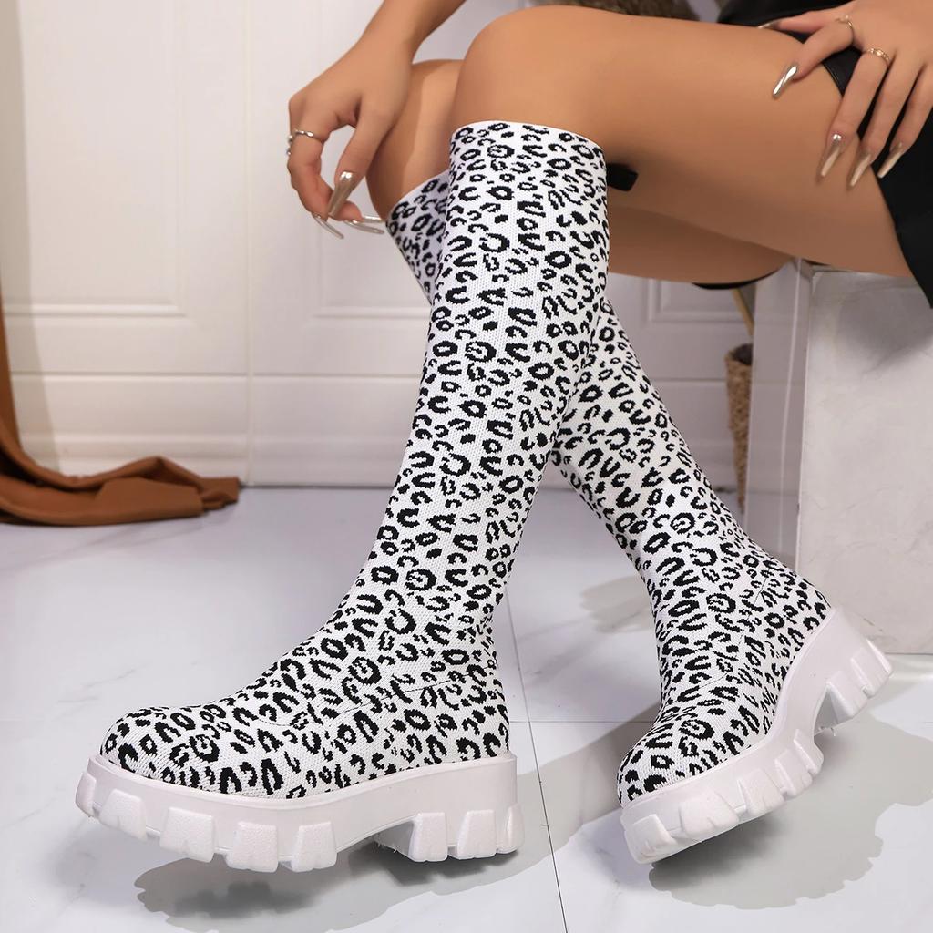 Fashion Chunky Platform Knee High Boots Women Autumn Winter Fashion Elastic Knit Socks Boots Woman Thick Sole High Tube Long Botas Mujer