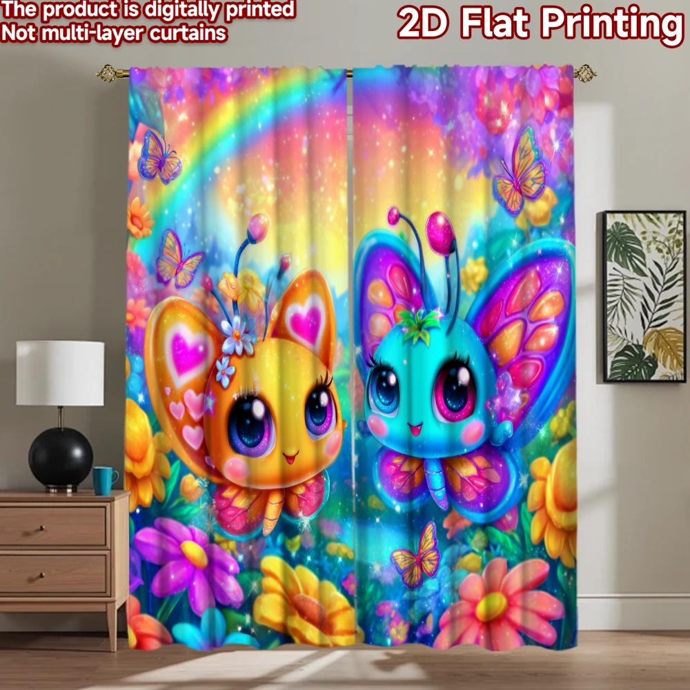 2D flat printing 2pcs Scene Curtains Cute Butterfly Duo Rainbow Sky Digital Printed Polyester Drapes Festive Curtains for