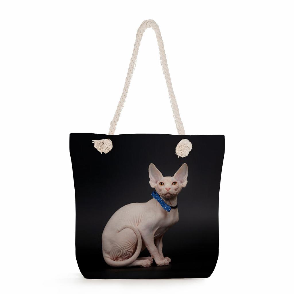 Cat print thick rope single-shoulder beach bag 7266 CLE