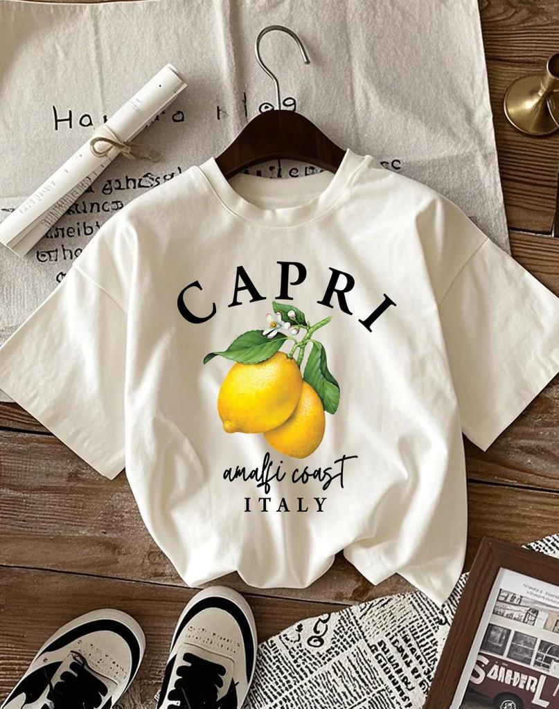 Capri Lemon Is Produced In Italy Print Unisex TShirts ONeck Short Sleeve Trendy Loose Streetwear AllMatch Summer Top