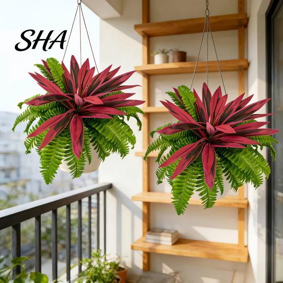 Fake Hanging Plants for Patio UV-Resistant Artificial Fern And Red Dracaena Decorative Plants, Lifelike Faux Full Lush Bushes Flower Baskets