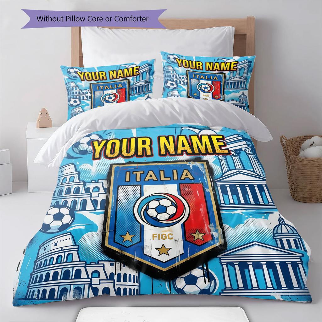 Custom Name,Italy National Football Team Pattern Bedding Home Decoration Birthday Gift ( 1 duvet cover + 2 pillowcase, without core),fan merchandise.
