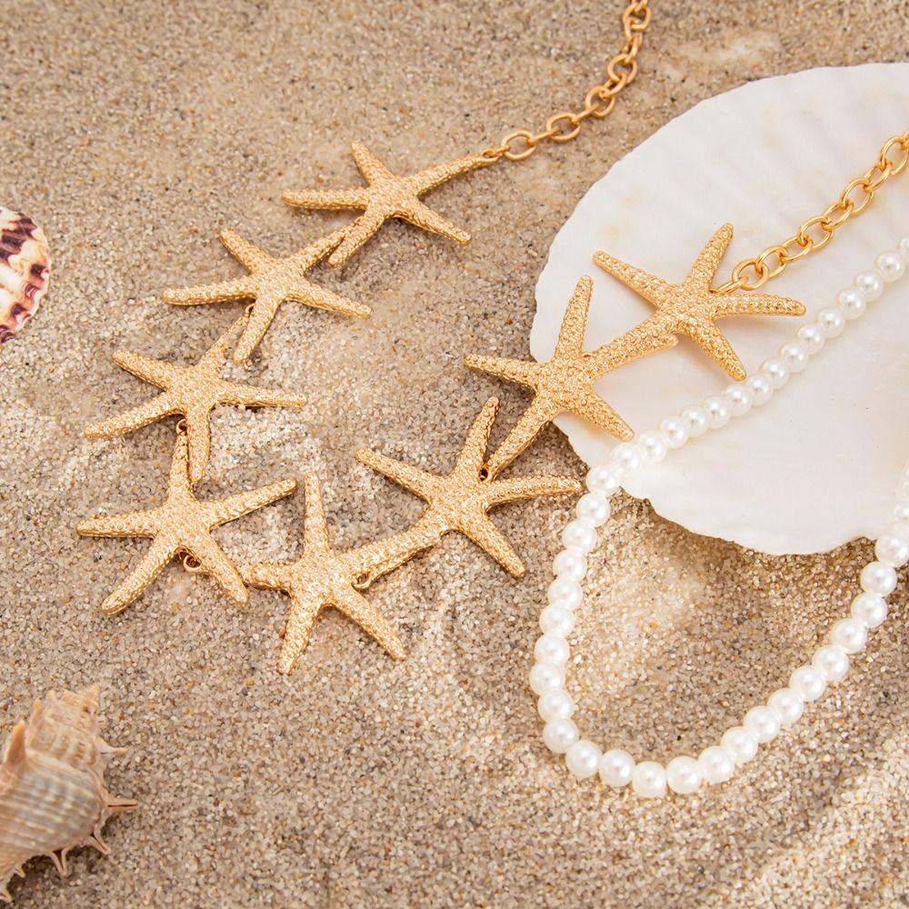 Beach Style Pearl Shell Necklace Elegant Exaggerate Metal Necklace Starfish Necklace Summer