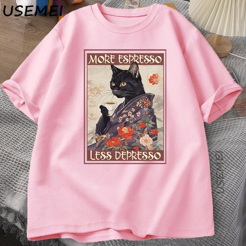 More Espresso Less Depresso Humorous TShirt Unisex Women Black Cat Coffee T Shirt Cotton Y2k Summer Loose Short Sleeve Tee
