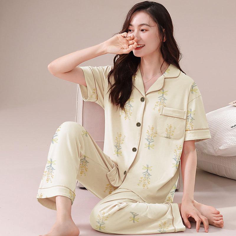 Pajamas Women'S Pastoral Small Yellow Flower Summer Cardigan Short Sleeve Trousers Loose Large Size Loungewear Two-Piece Set