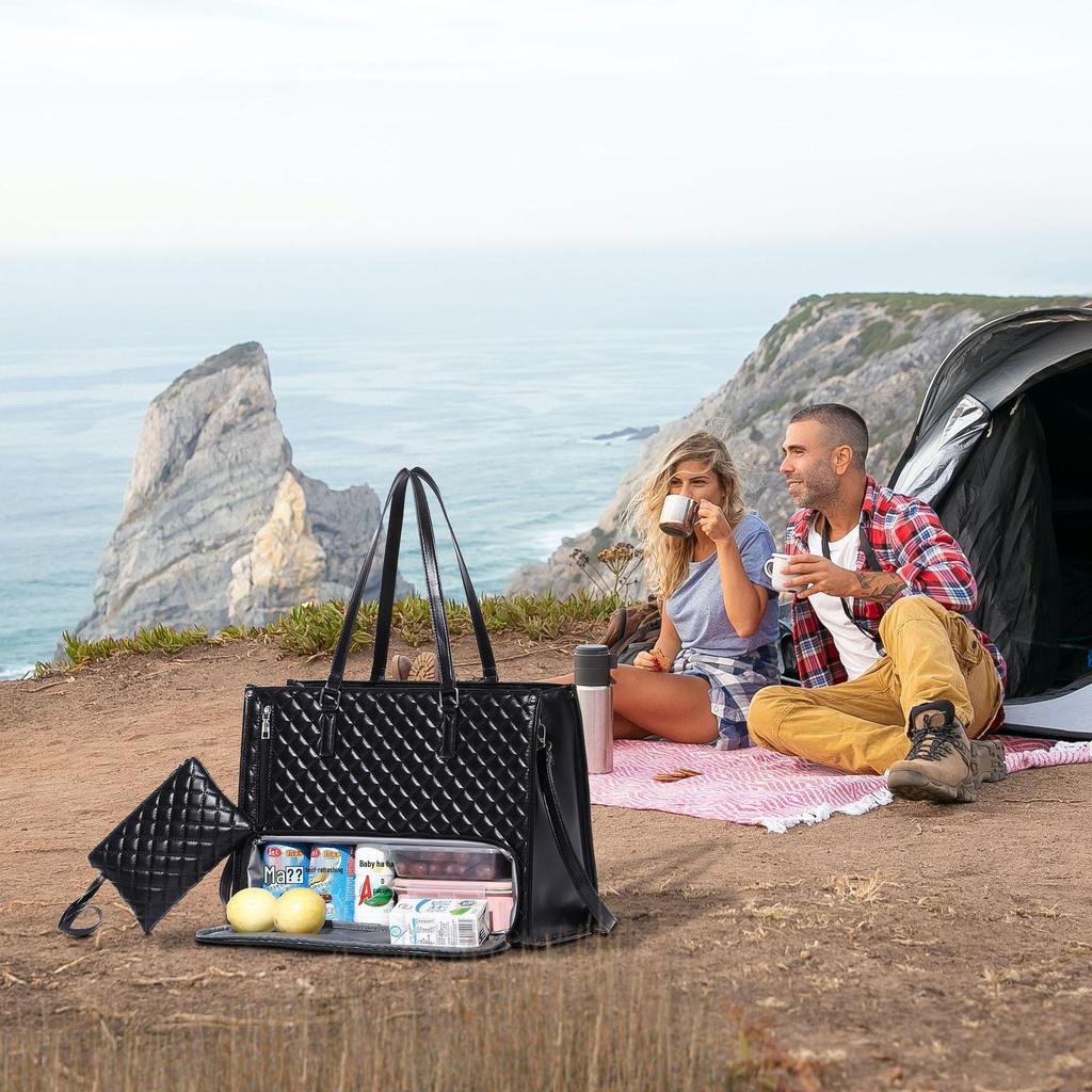 Insulated Black Diamond Lunch Bag with Handle & Shoulder Strap for Work or Picnic