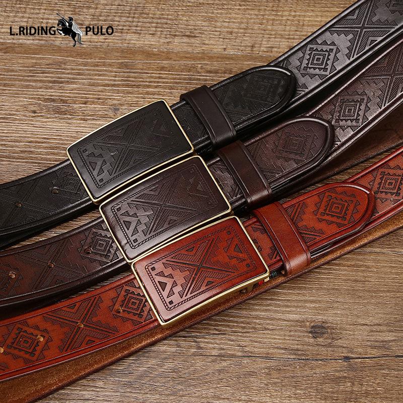 Винтажный ремень ручной работы с лазерной гравировкой узора, пряжка-пластина, мужской, из натуральной кожи, чистая коровья кожа, ремень с гладкой пряжкой