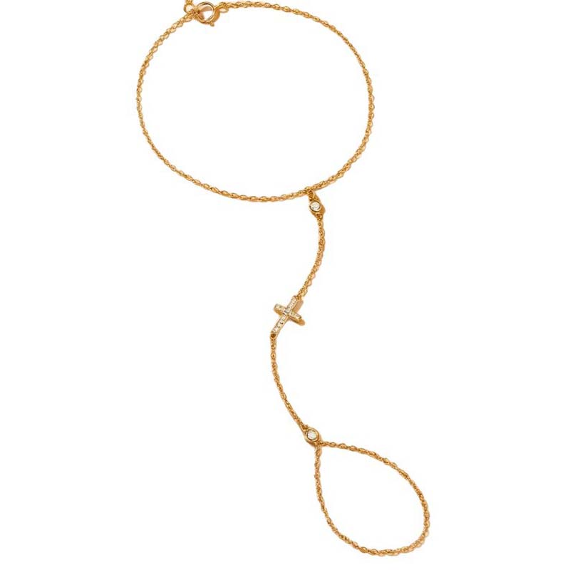Fashion Metal Cross Finger Ring Bracelet for Women Exquisite Crystal Zircon Bead Link Chain Hand Bangles Wedding Jewelry Gift