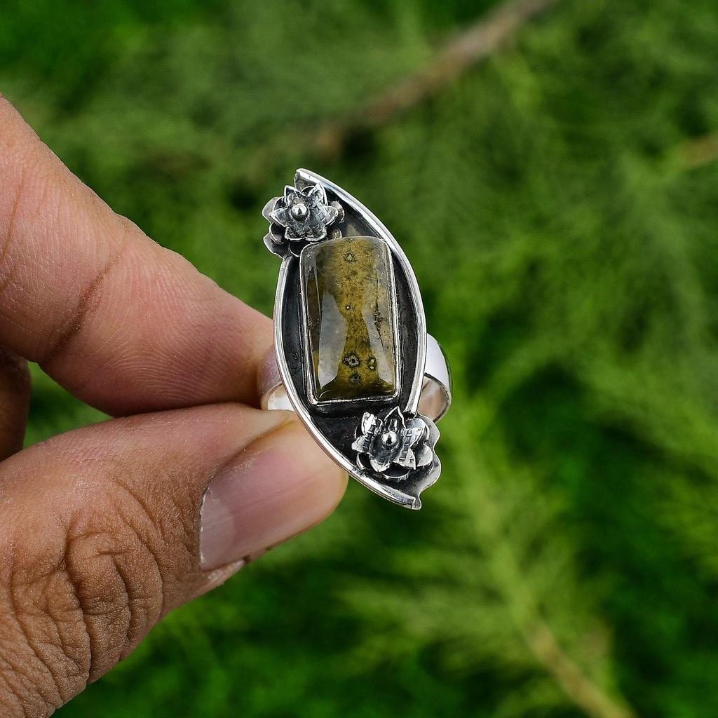 Натуральный Океанический Яшма Заявление Цветок Регулируемое Кольцо Серебро 925 пробы Для Женщин