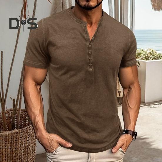 Мужская футболка с воротником Генри, короткий рукав, однотонная футболка с воротником на пуговицах, повседневная футболка-пуловер для спорта, путешествий, офиса