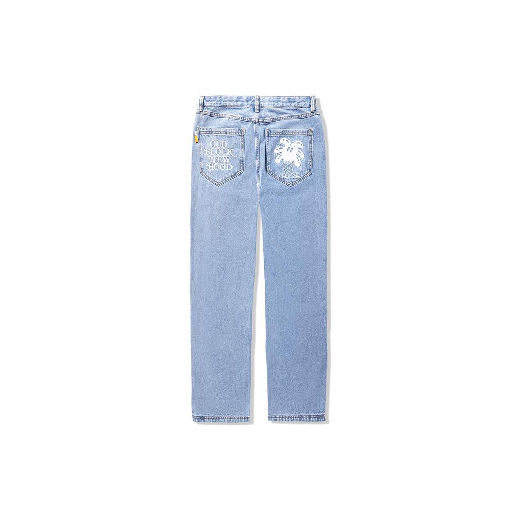 Li Ning X Steven Harrington Collaboration Letter Print Loose Mid Waist Straight Leg Jeans Men Jeans Light-Blue AJQT385-1