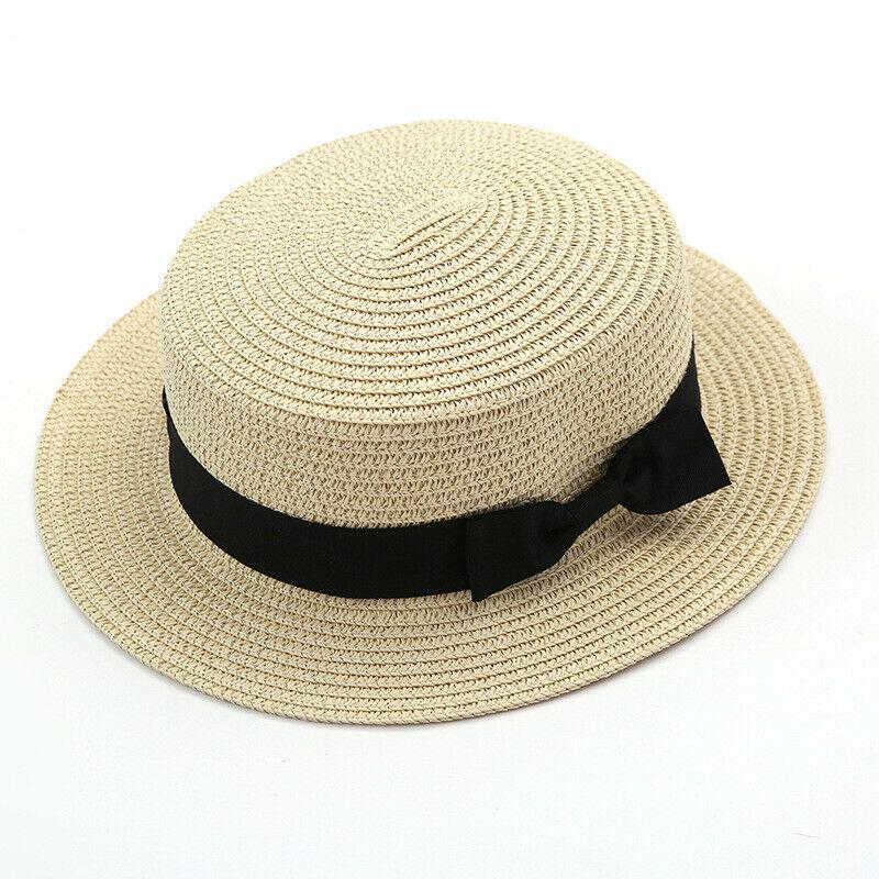 Round Flat Caps Women Large Brim Straw Bowler Boater Sun Hat Ladies Summer Beach Travel Solid Sunhat