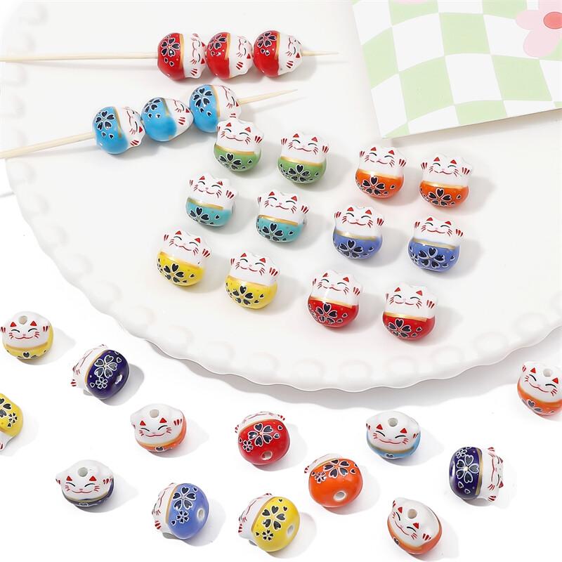 2 шт., расписанные вручную керамические кошки, милые счастливые кошки, подвески, свободные бусины-разделители для браслета, ожерелья, ювелирных изделий, аксессуаров