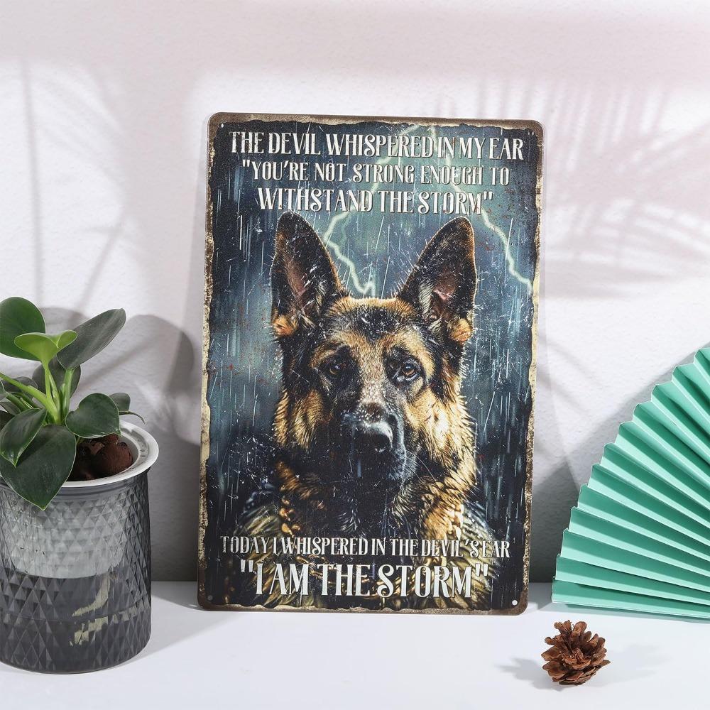 GLOBLELAND Немецкая овчарка Жестяная табличка - "Я - Шторм" Черная собака Винтажный металлический настенный декор