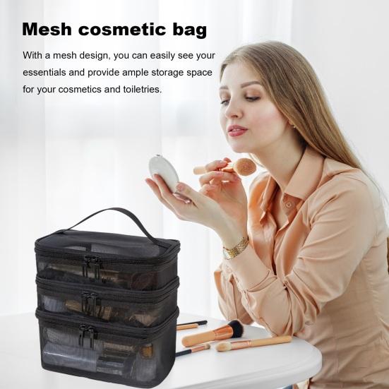 Mesh Cosmetic Bag Multi Layers Large Capacity Visible Zipper Closure with Handle Portable Classified Organization Travel Trip Makeup Storage Bag