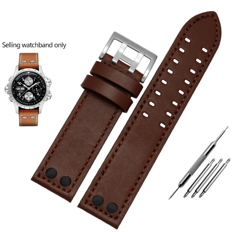 ОДИННатуральная кожаный ремешок для часов Hamilton Khaki Aviation Field Series Мужской ремешок Браслет с заклепками Коричневый 20мм 22ммMN