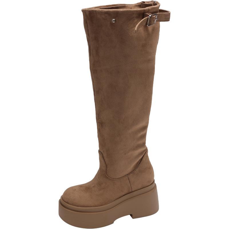 Long Tube Stack Boots Women's Summer 2025 New Big Tube Circumference Western Cowboy Boots Heightened Thick-soled Khaki Boots