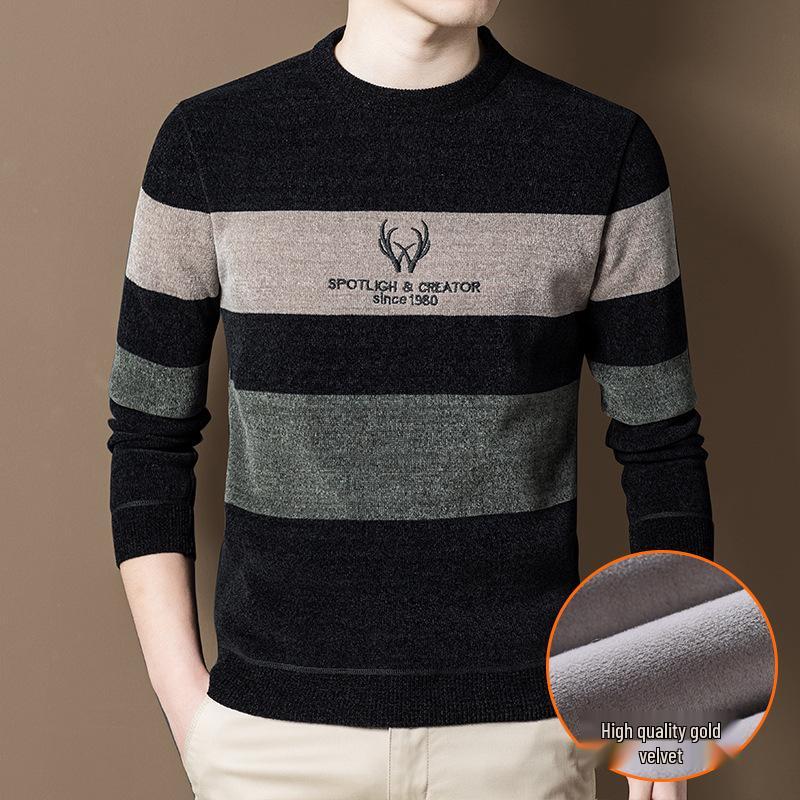 Мужской зимний свитер на флисовой подкладке, теплый вязаный облегающий базовый слой из шенилла.