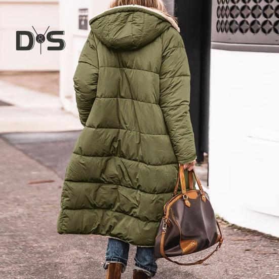 Women Winter Splicing Long Coat Hooded Long Sleeve Fleece Lining Outwear Zipper Placket Pockets Double Sided Wear Long Down Jacket