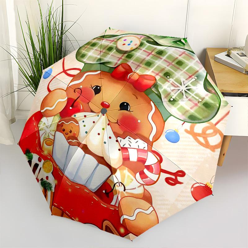 1pc Christmas Gingerbread Man Automatic Folding Umbrella, Portable 3-Fold Design with 8-Bone Iron Frame, Perfect for Fans, Travelers, Daily Use, and F
