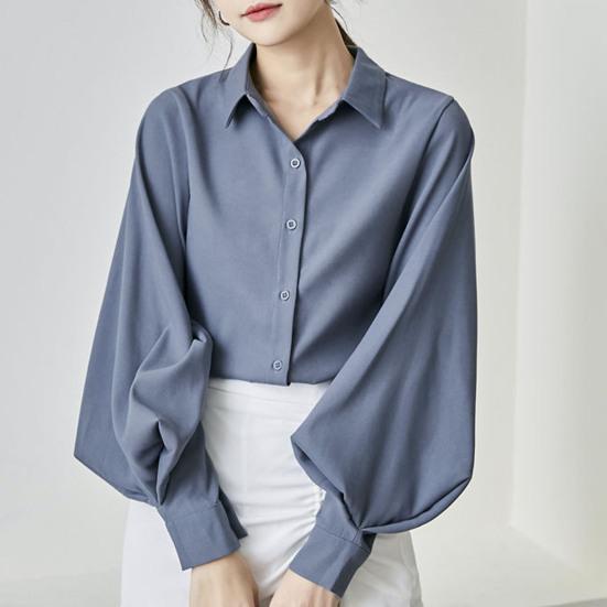 Women Shirt Lapel Lantern Long Sleeve Single Breasted Shirt Tops Solid Color Loose Fit Work Casual Daily Tops