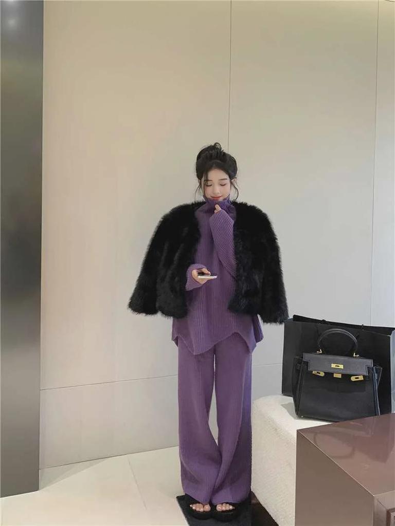 Women's Purple High-Collar Knit Sweater & Wide-Leg Pants Set - Trendy Two-Piece for Autumn/Winter