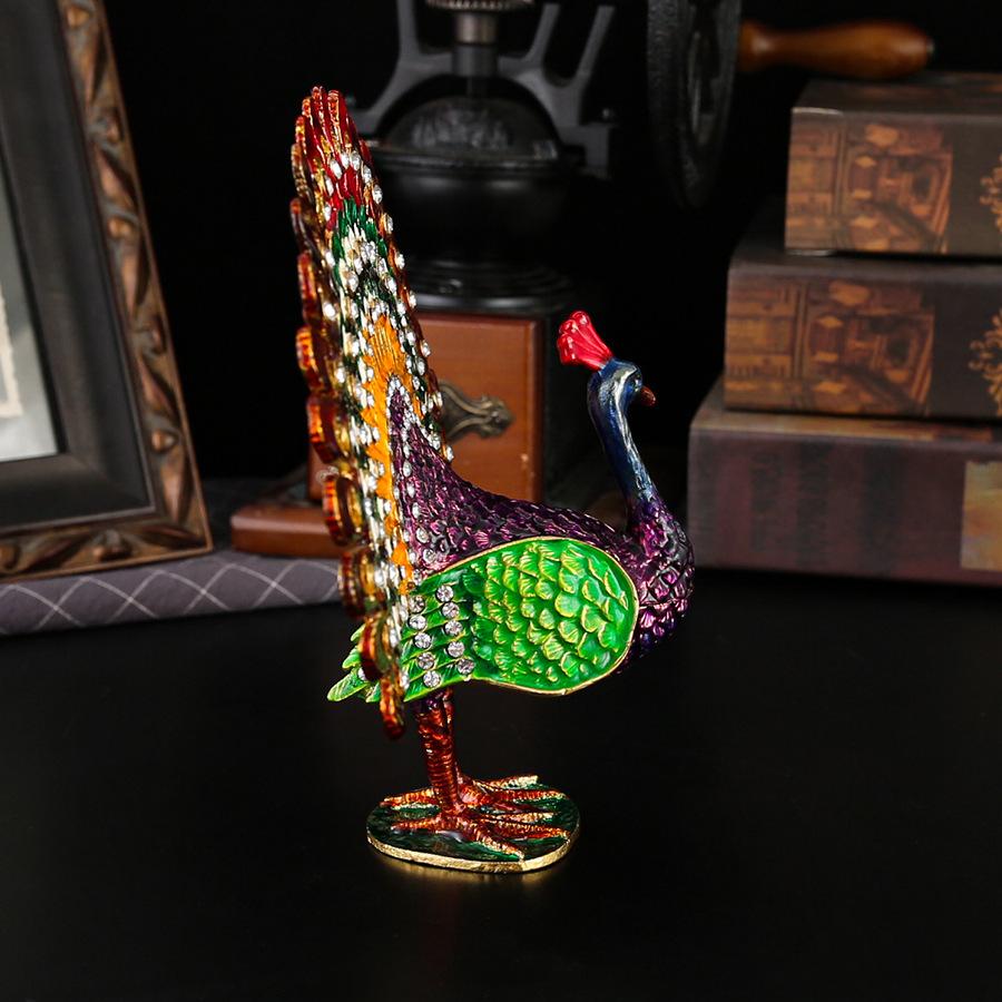 Новая шкатулка для украшений с открывающимся экраном в виде павлина, эмалированного цвета, с бриллиантовым павлином, домашний орнамент, изделия из металла, откидная