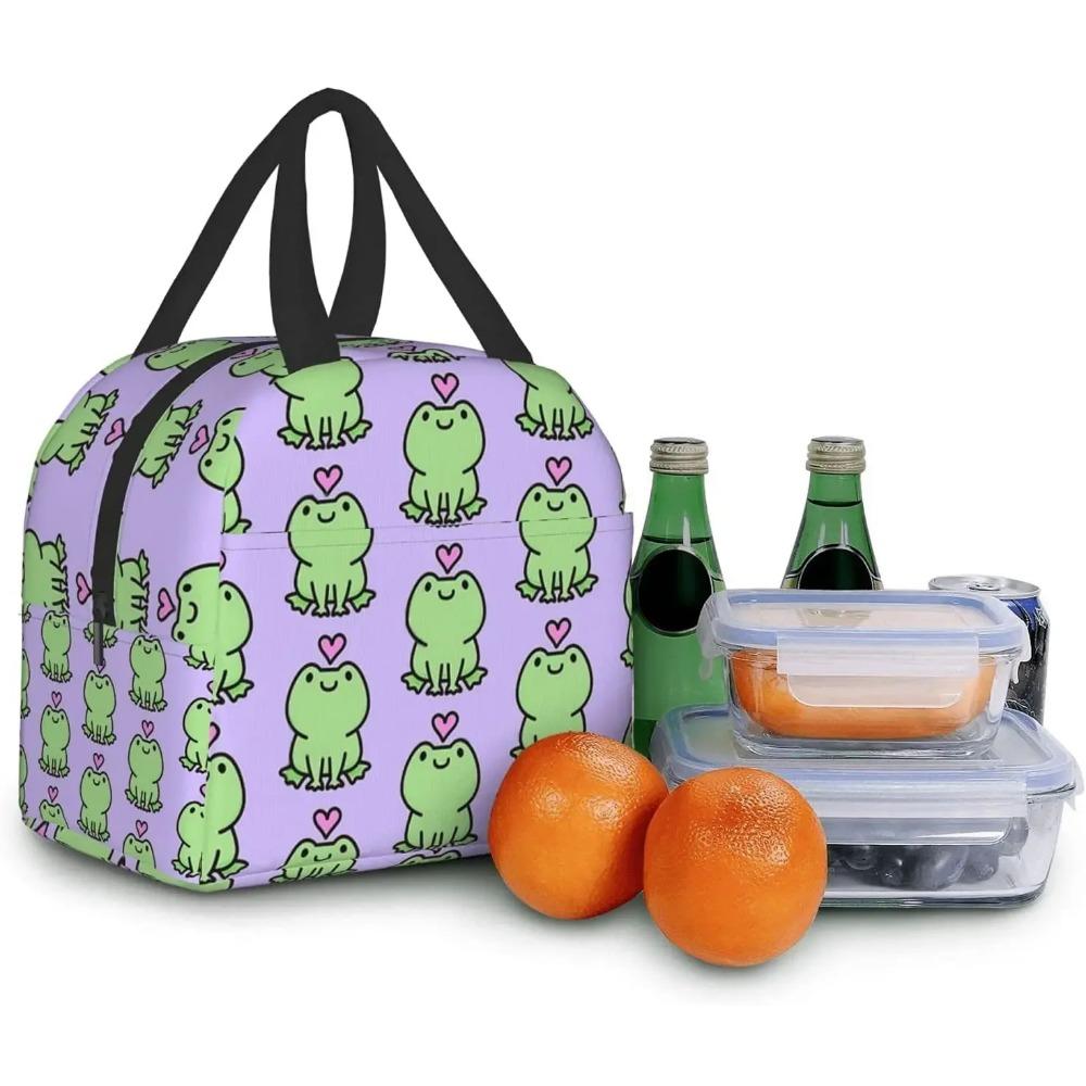 Kawaii Frog Love Lunch Box Reusable Thermal Lunch Bag Food Container Bento Tote Bag for Women Men Adults Work Travel Picnic