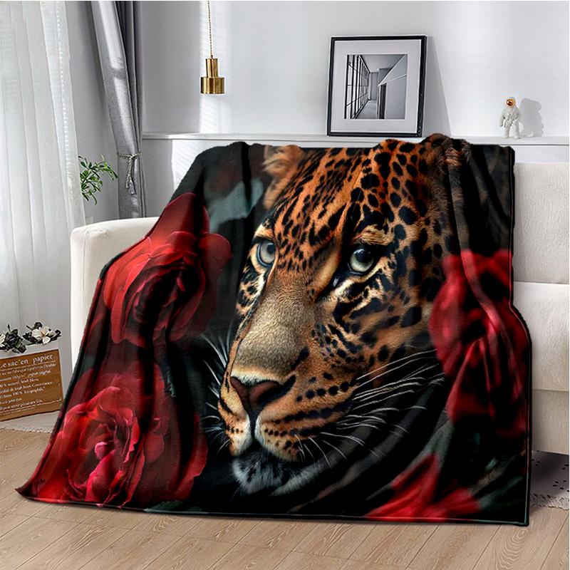 Plush Fleece Beast Animal Roses and Leopard Cheetah Throw Blanket Home Bedroom Bed Sofa Picnic Travel Cover Kid Soft Blanket