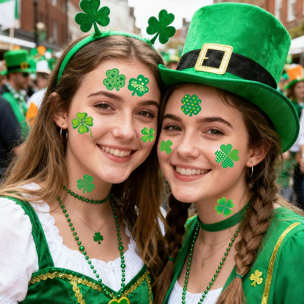 Green Hat And Floral Pattern Temporary Tattoos, Irish Festival Stickers, St. Patrick's Day Temporary Tattoos.