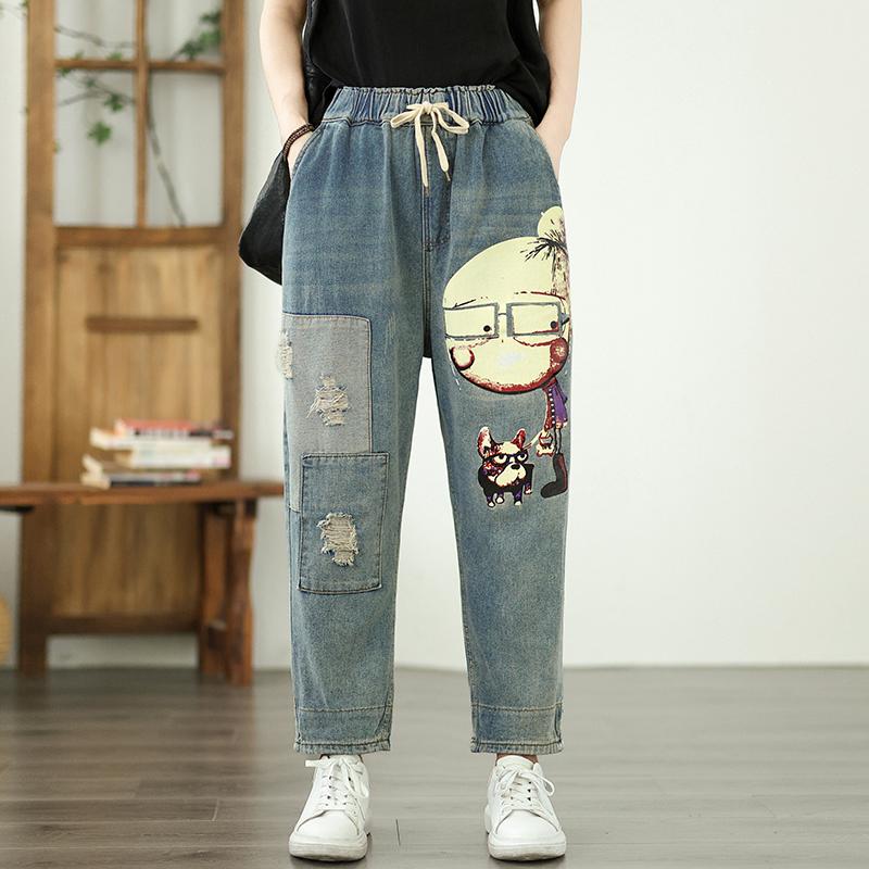 Dimanaf Большие размеры 2025 Женские брюки Летние свободные джинсы с высокой талией и принтом Шаровары с эластичной талией