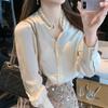 Women's Cream Apricot French Style Satin V-Neck Blouse